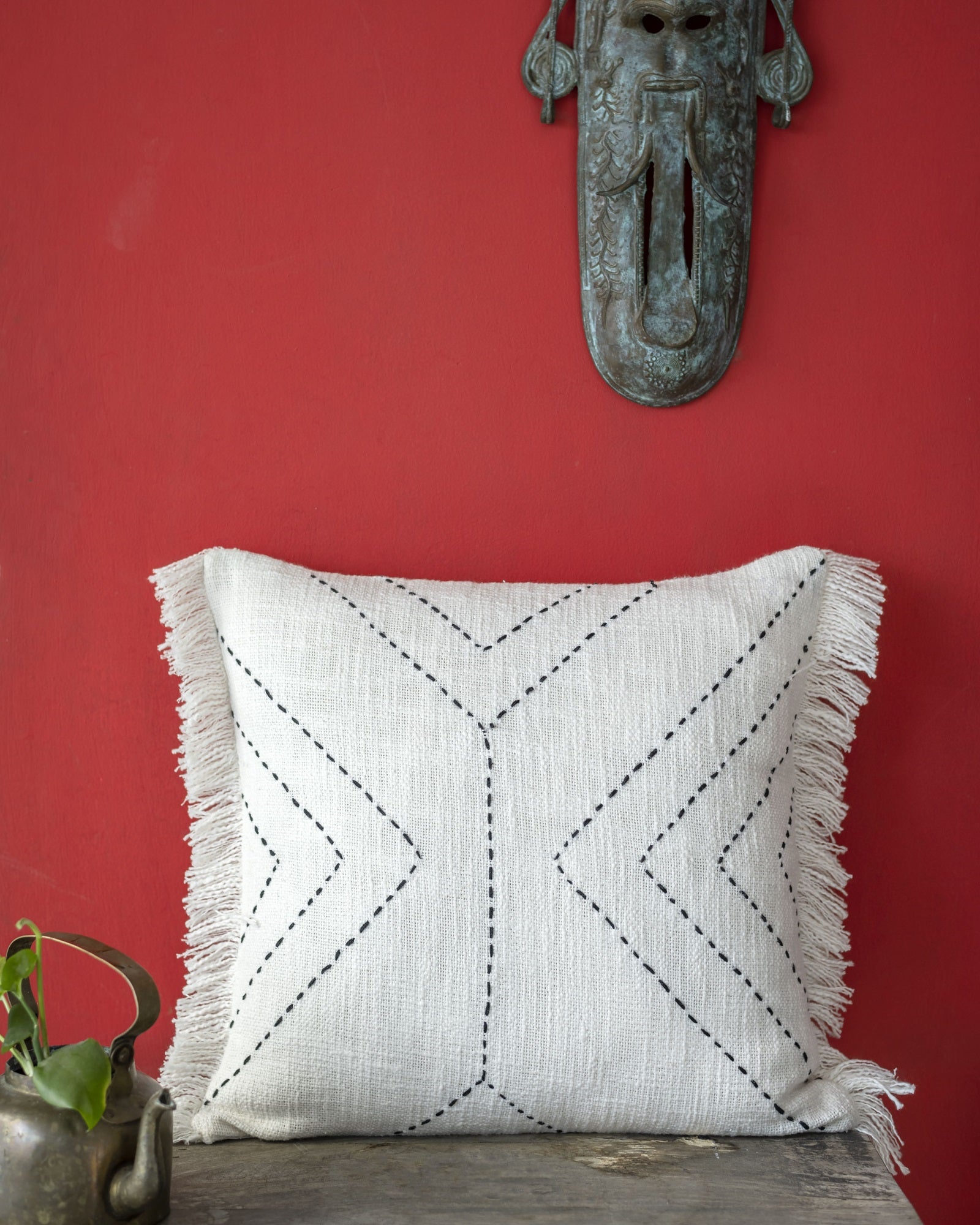 "Slate Stitch" Hand-Kantha Cotton Slub Cushion Cover
