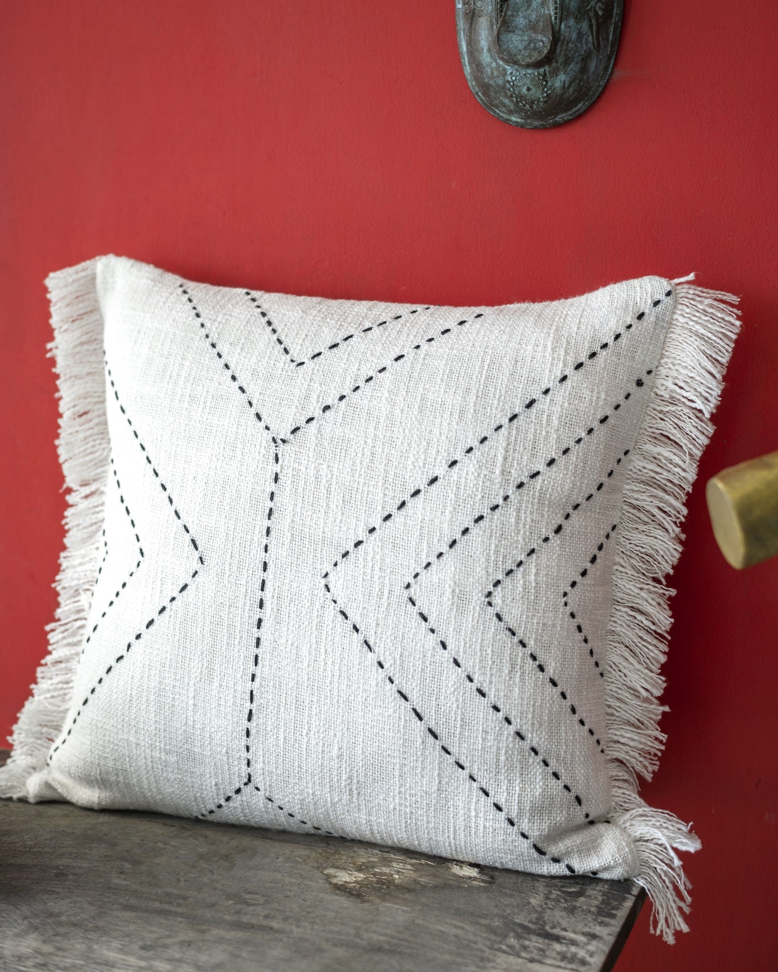 "Slate Stitch" Hand-Kantha Cotton Slub Cushion Cover
