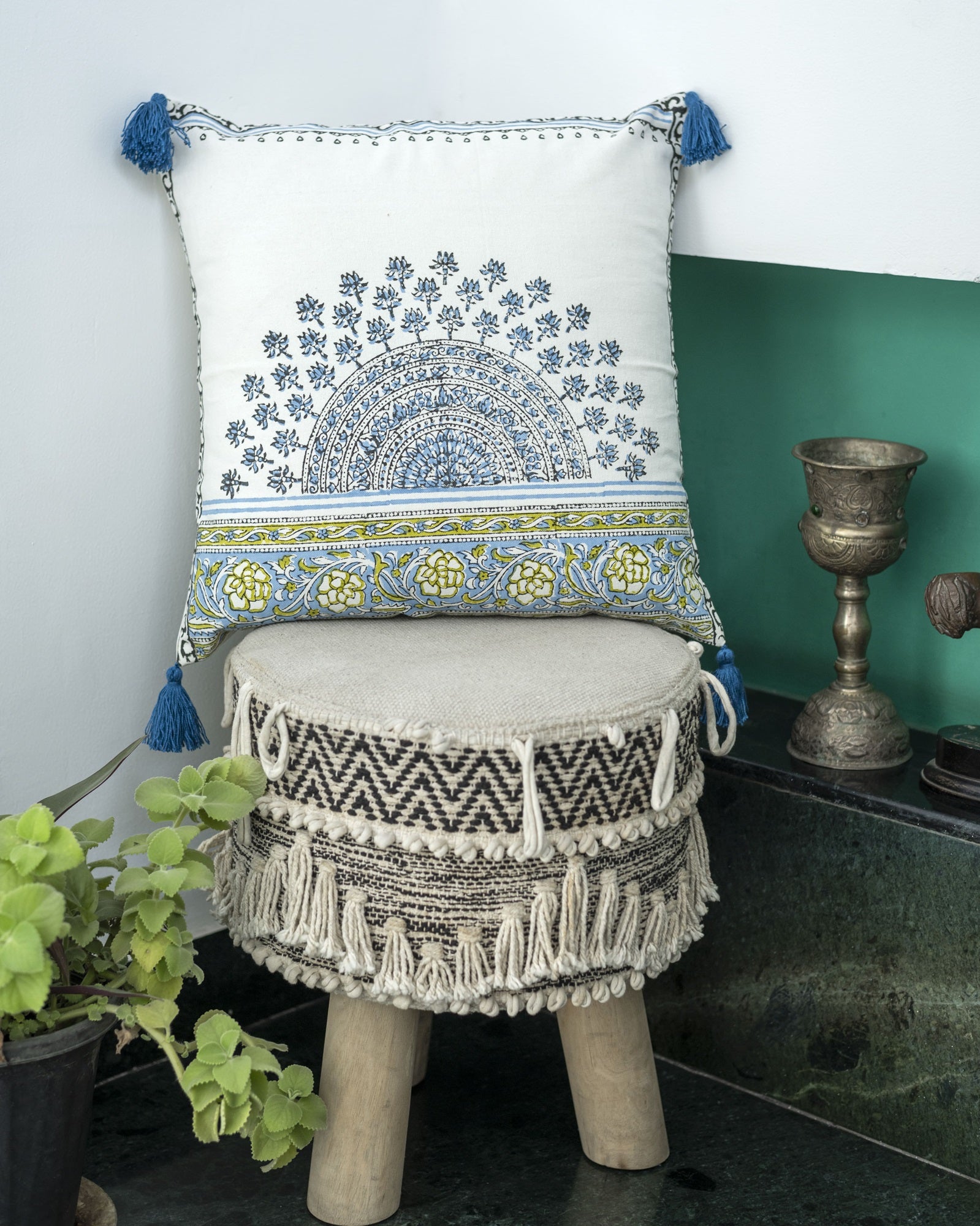 Mandala Hand Block Printed Off White Decorative Cushion Cover