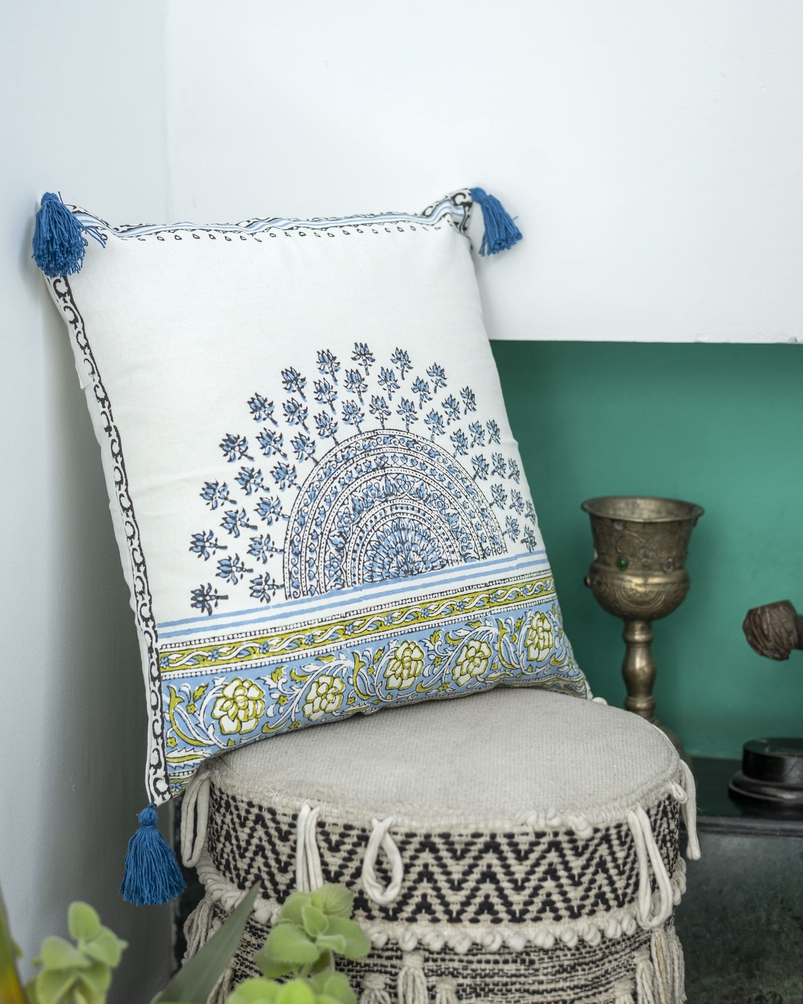 Mandala Hand Block Printed Off White Decorative Cushion Cover