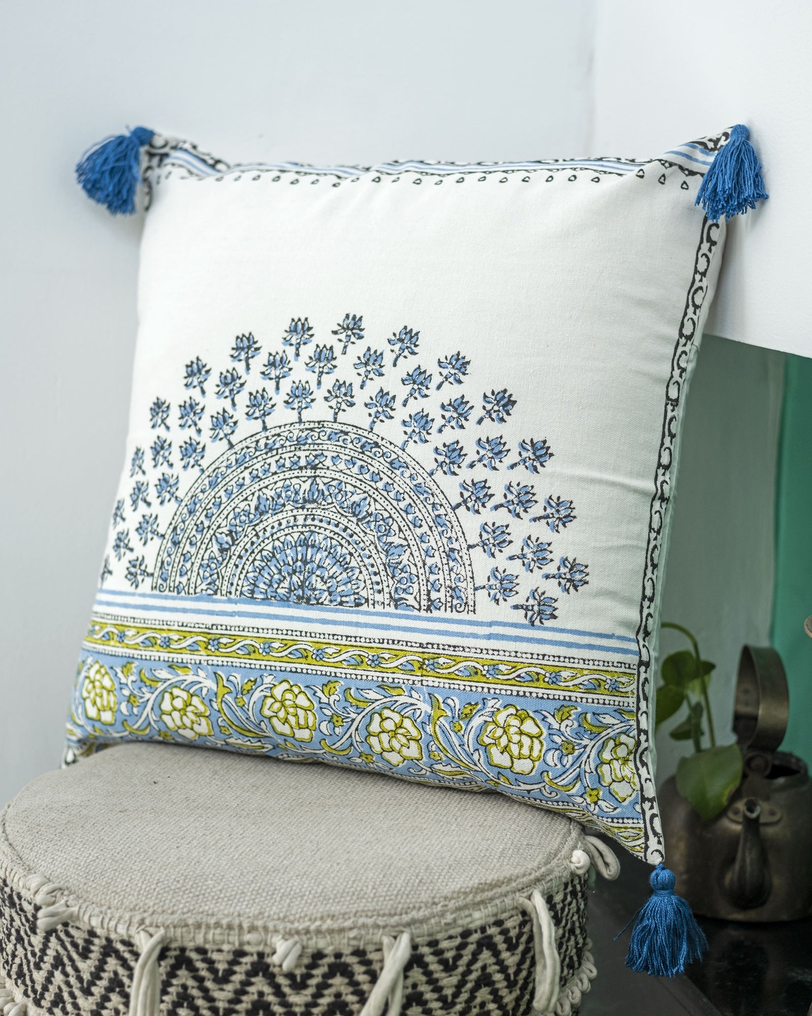 Mandala Hand Block Printed Off White Decorative Cushion Cover