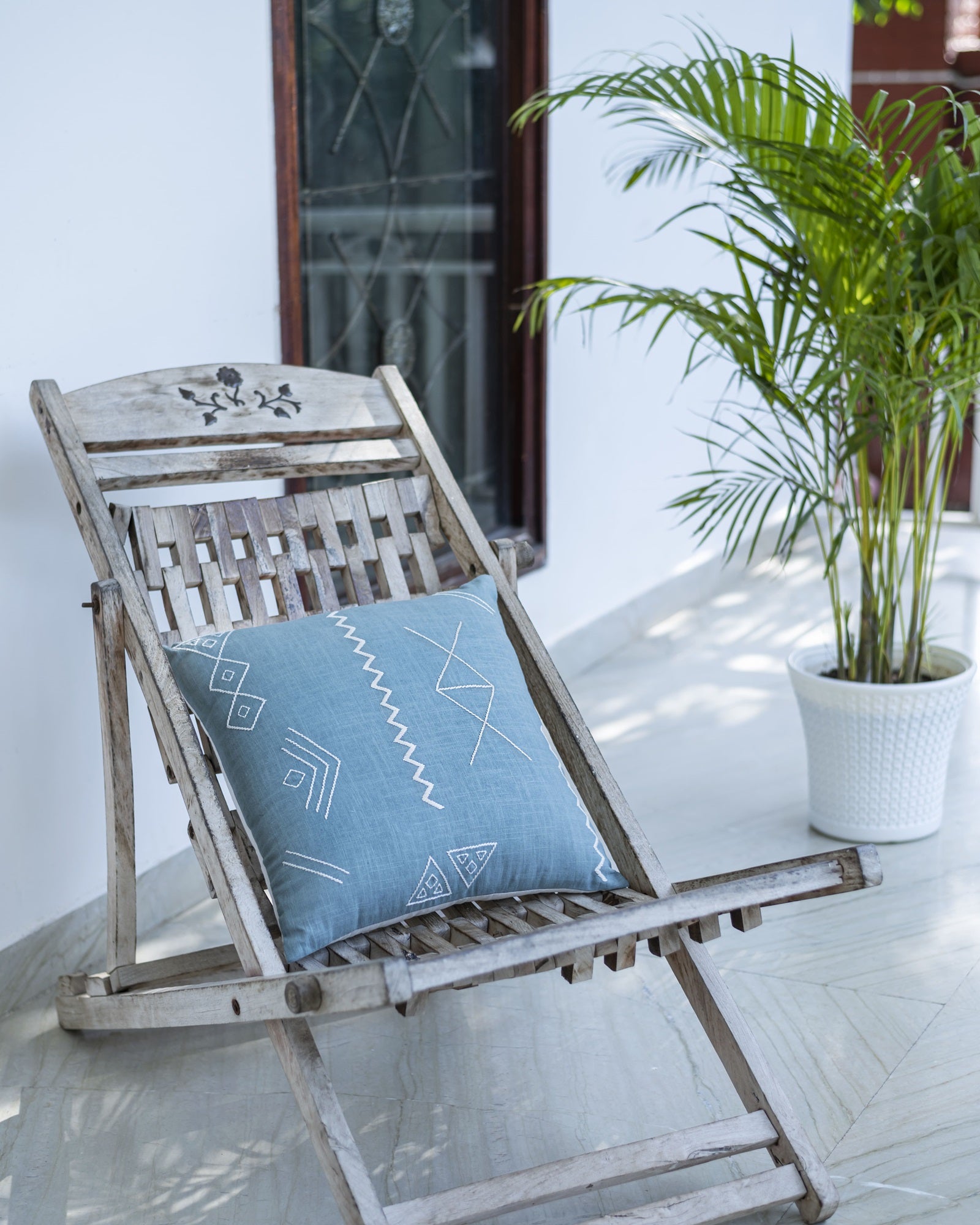 Cotton Slub Blue Embroidered Cushion Cover