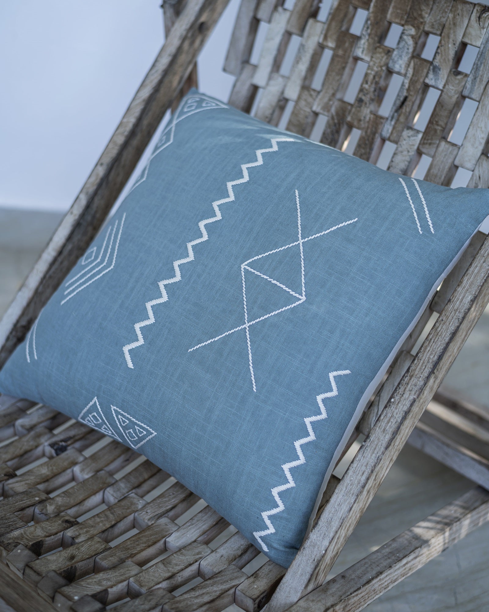 Cotton Slub Blue Embroidered Cushion Cover