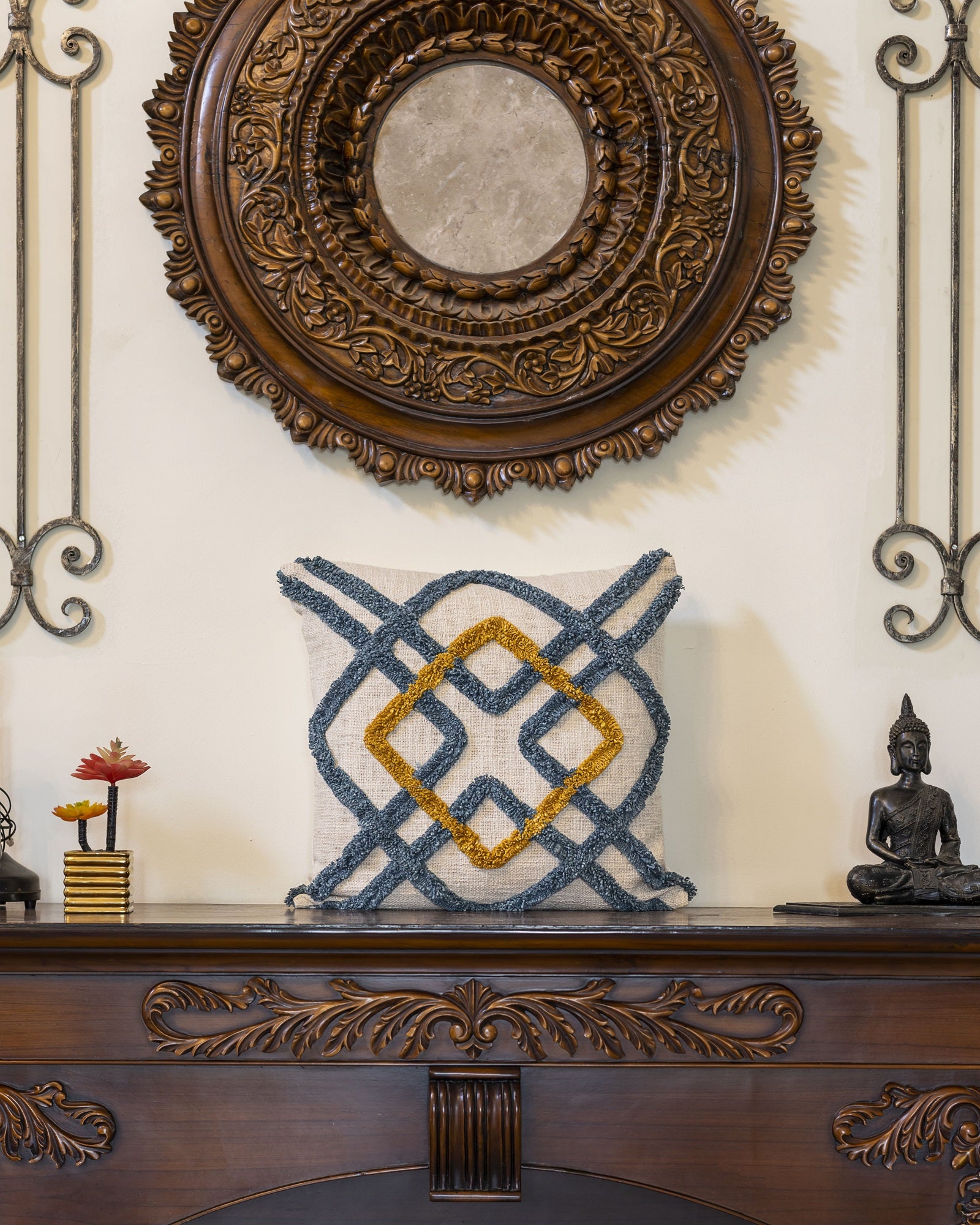 "Geometric Grove" Tufted Cotton Slub Cushion Cover