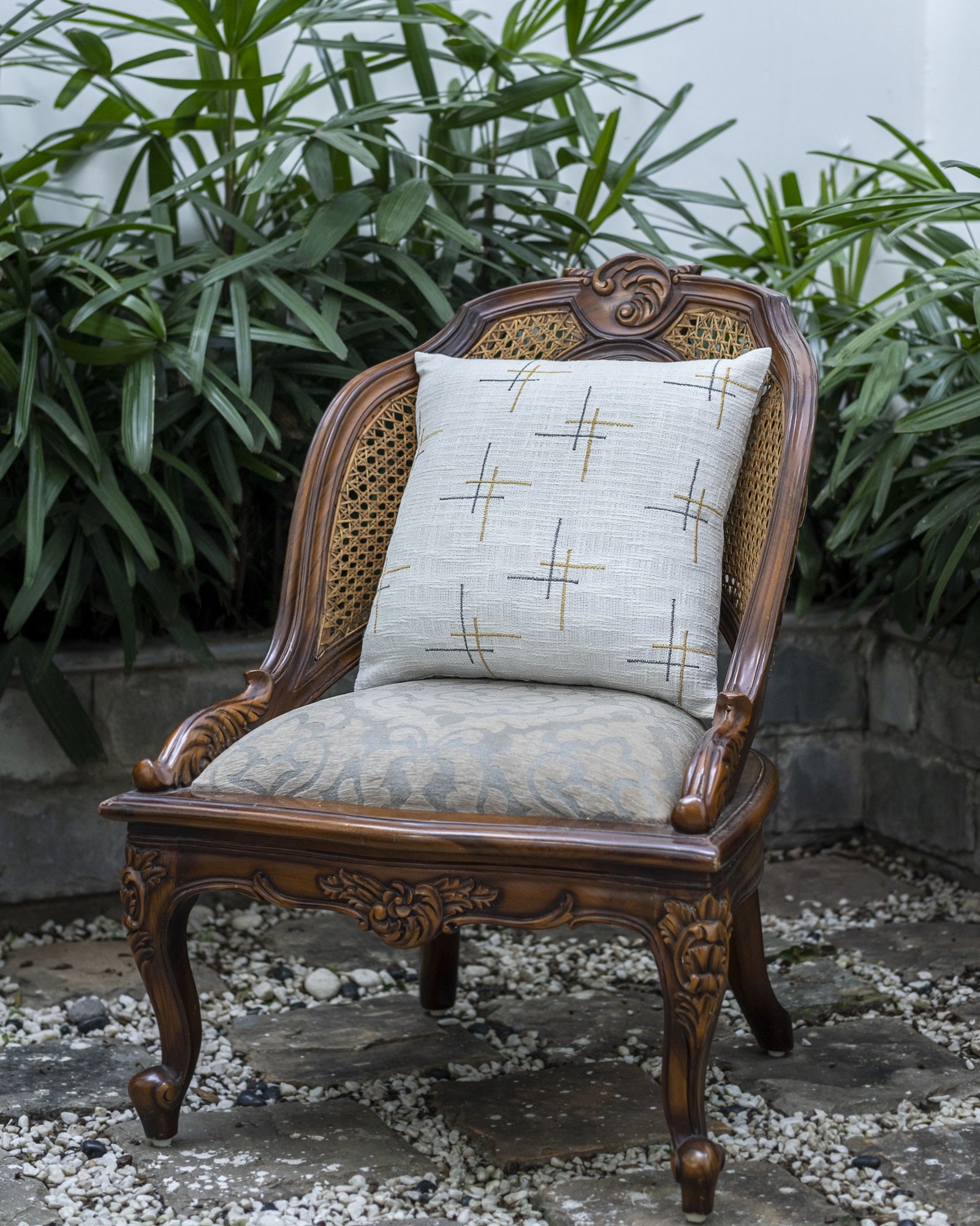Off White Embroidered Cotton Slub Decorative Cushion Cover