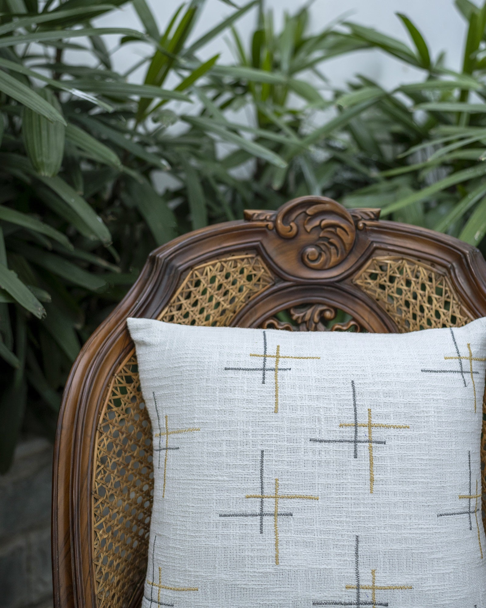 Off White Embroidered Cotton Slub Decorative Cushion Cover