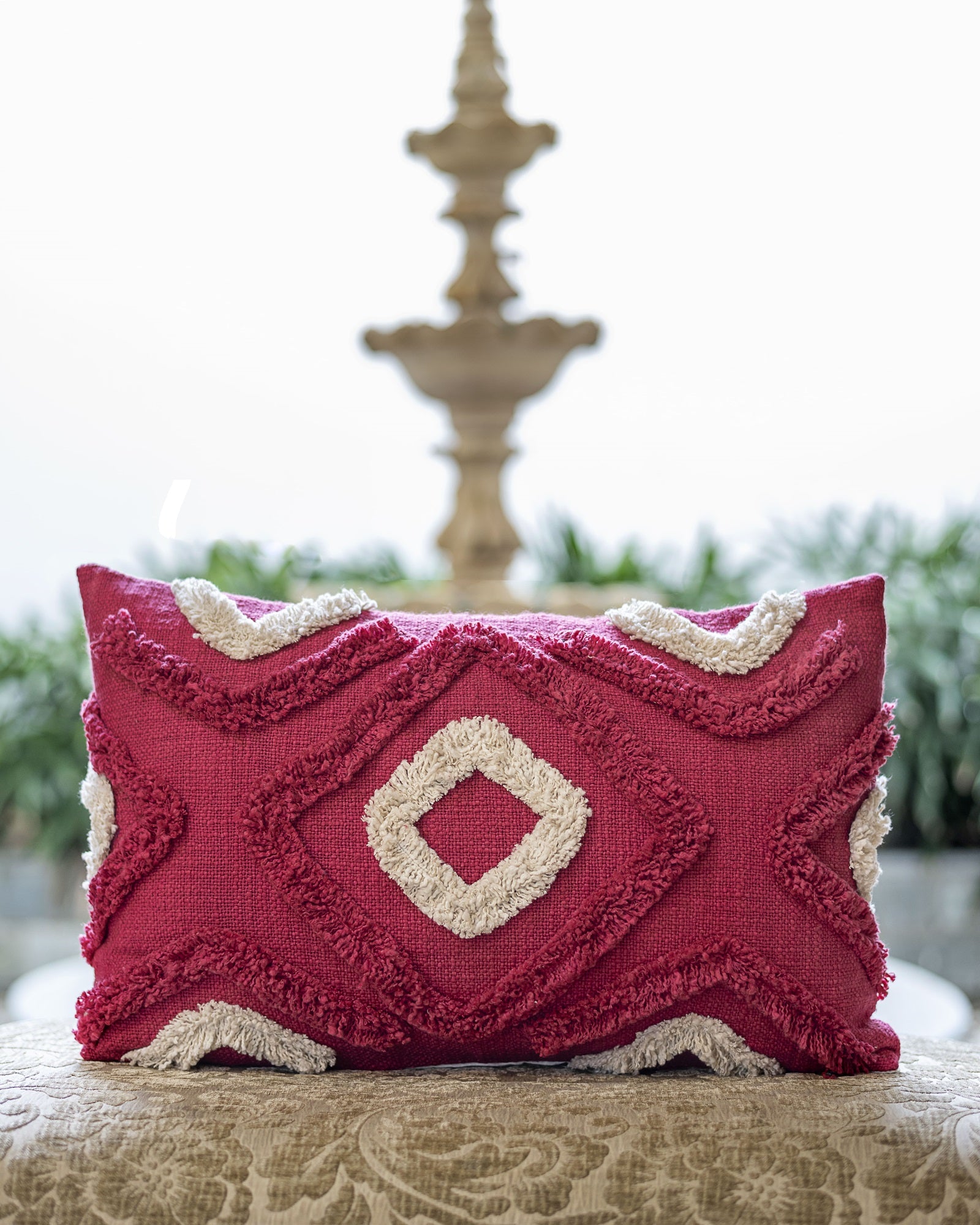 "Crimson Echo" Tufted Cotton Slub Cushion Cover