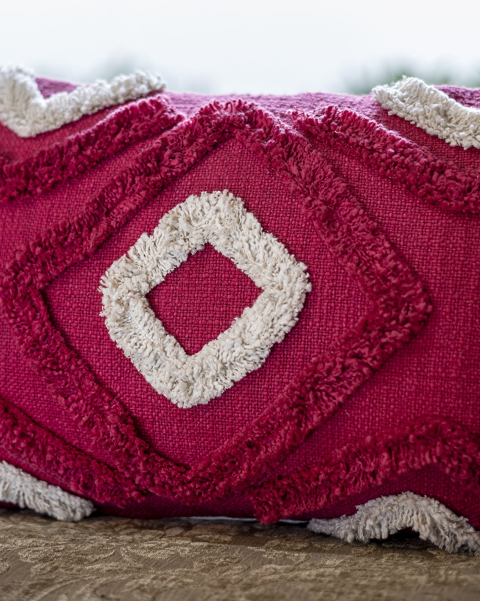 "Crimson Echo" Tufted Cotton Slub Cushion Cover