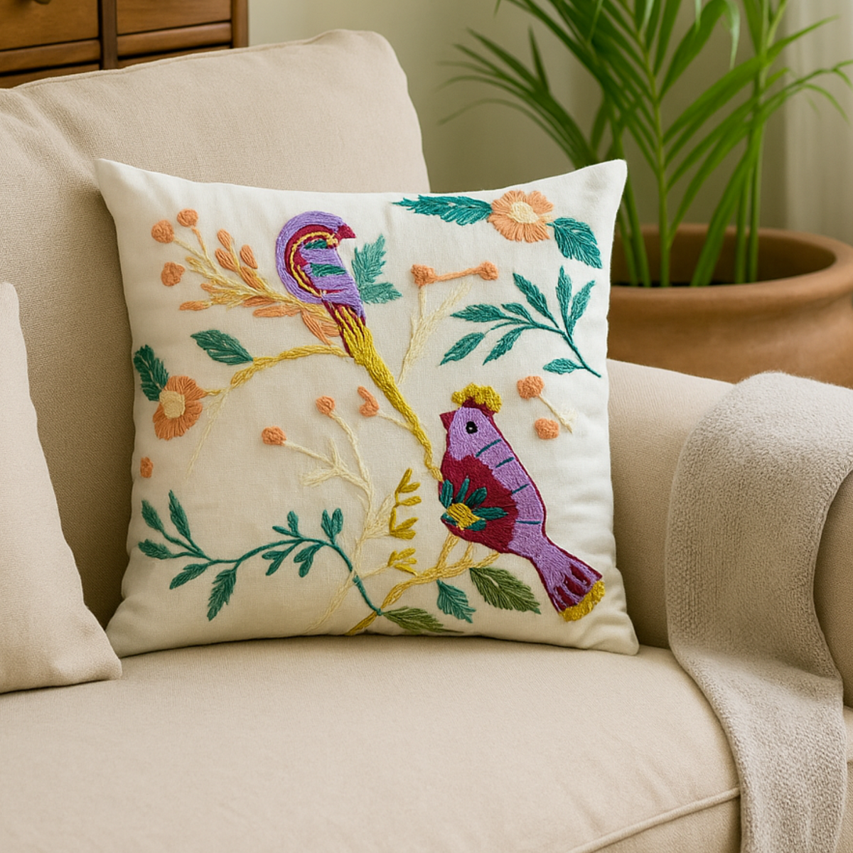 "Birdsong Garden" Hand Embroidered Cushion Cover