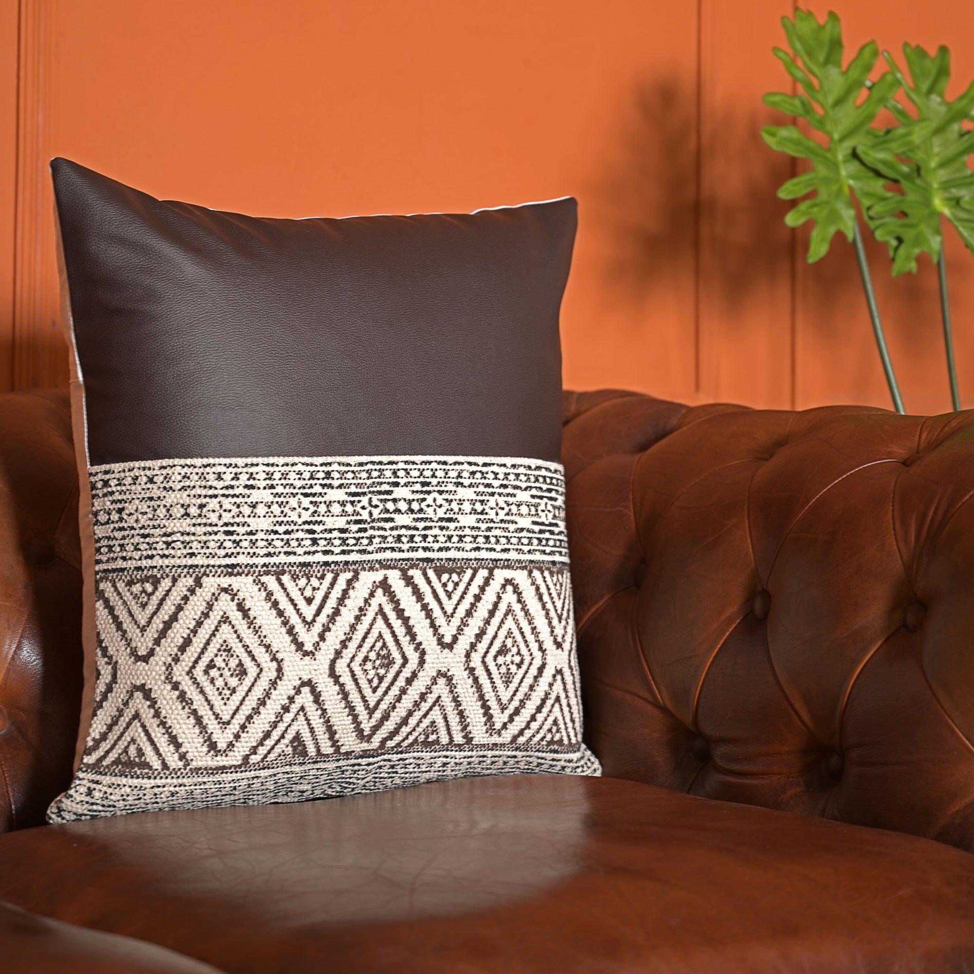 Brown & White Hand Block Print Cotton Cushion Cover 18x18 In